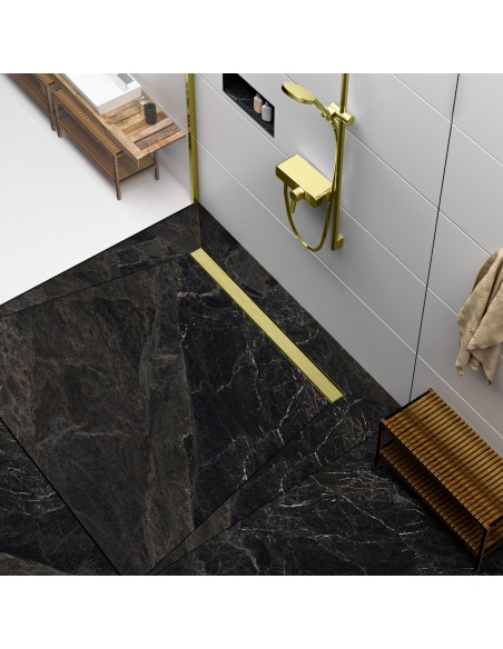 Modern Minimalist Wet Room With Showerlay Elite PVD Gold, Showing Installation Layers 